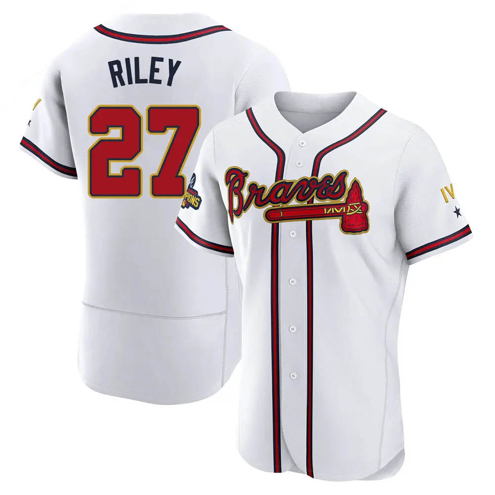 harde A.Braves #27 Austin Riley Player White&Gold Authentic Program Stitched Jerseys