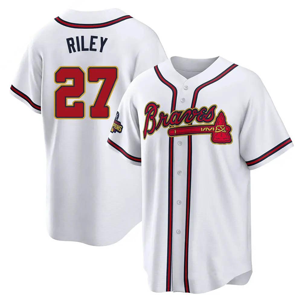harde A.Braves #27 Austin Riley Player White&Gold Replica Program Stitched Jerseys