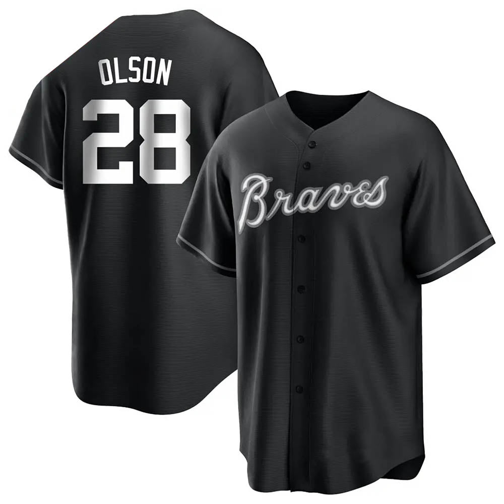 harde A.Braves #28 Matt Olson Player Black&White Replica Stitched Jerseys