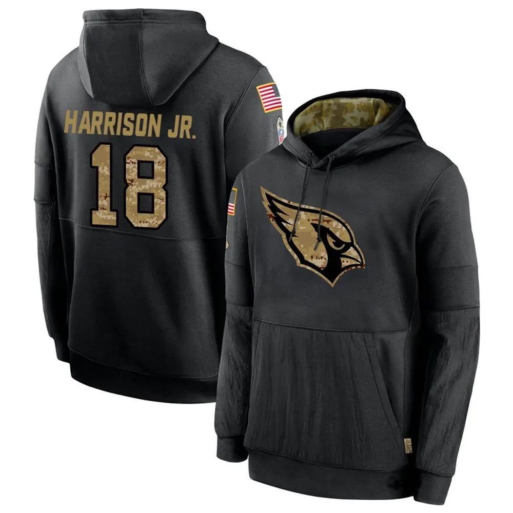 harde A.Cardinals #18 Marvin Harrison Jr. Player Black Salute to Service Hoodies  Stitched Jerseys