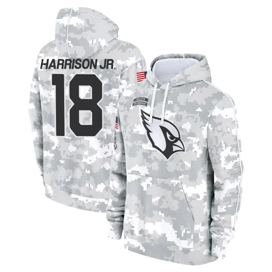 harde A.Cardinals #18 Marvin Harrison Jr. Player Camo Salute to Service Hoodies Stitched Jerseys
