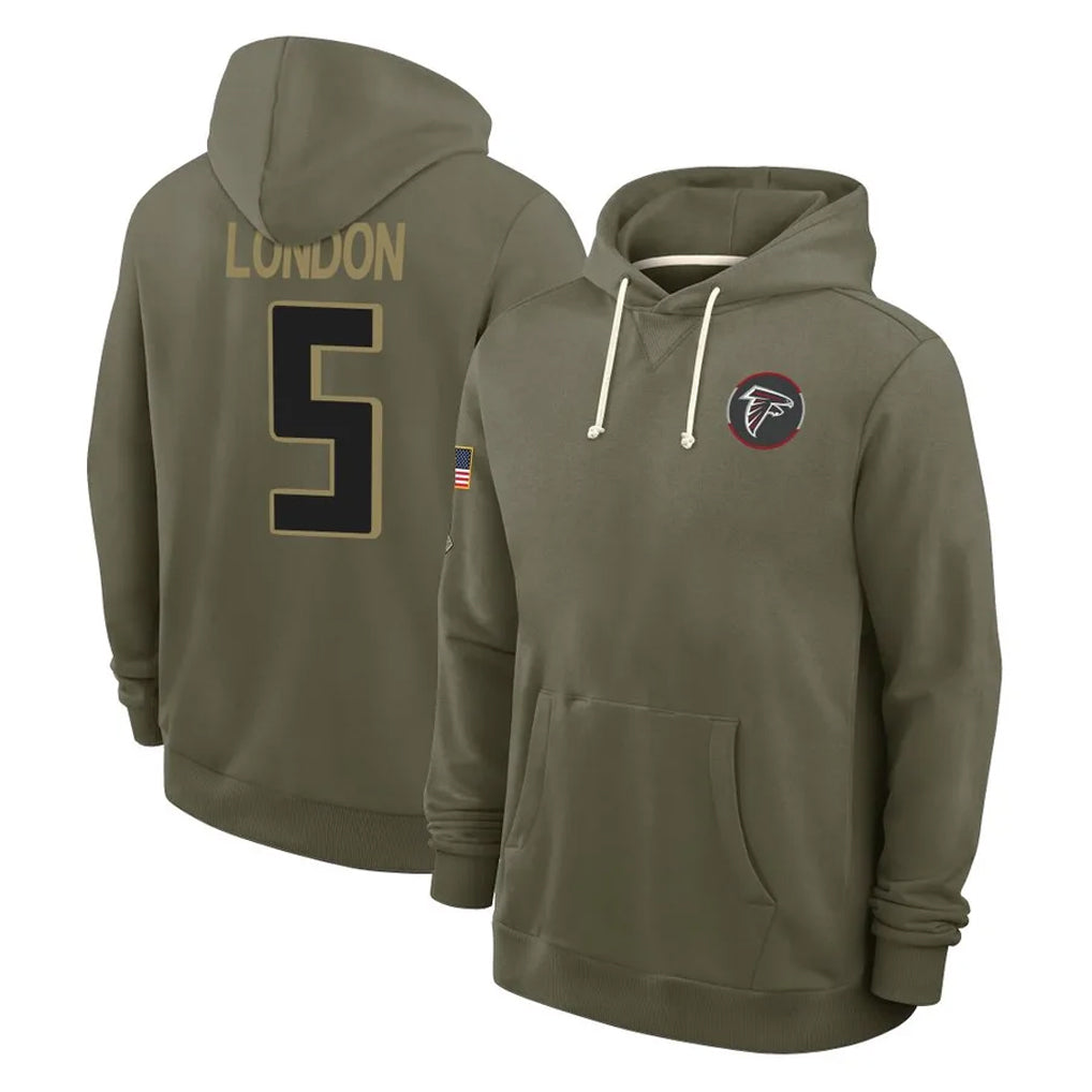 harde A.Falcons #5 Drake London Player Olive 2025 Salute to Service Hoodies Stitched Jerseys
