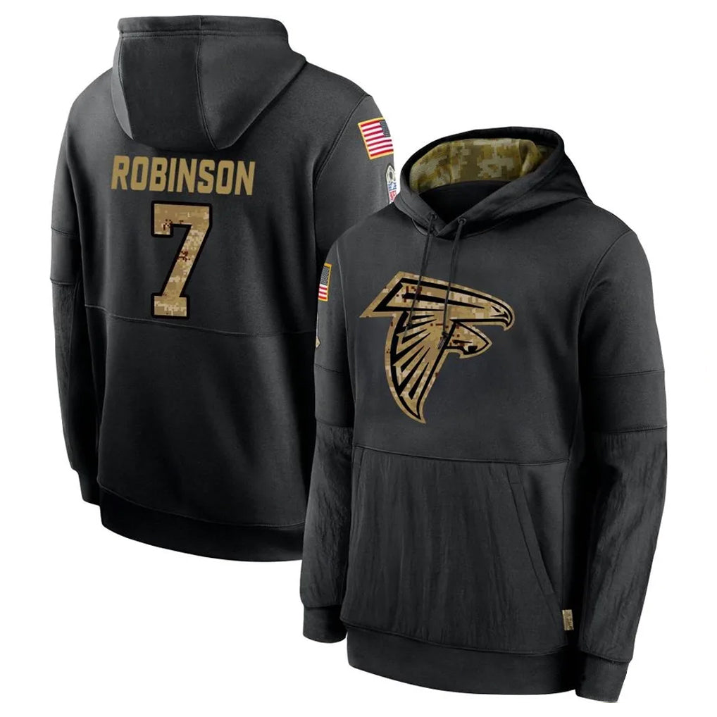harde A.Falcons #7 Bijan Robinson Player Black Salute to Service Pullover Hoodies Stitched Jerseys