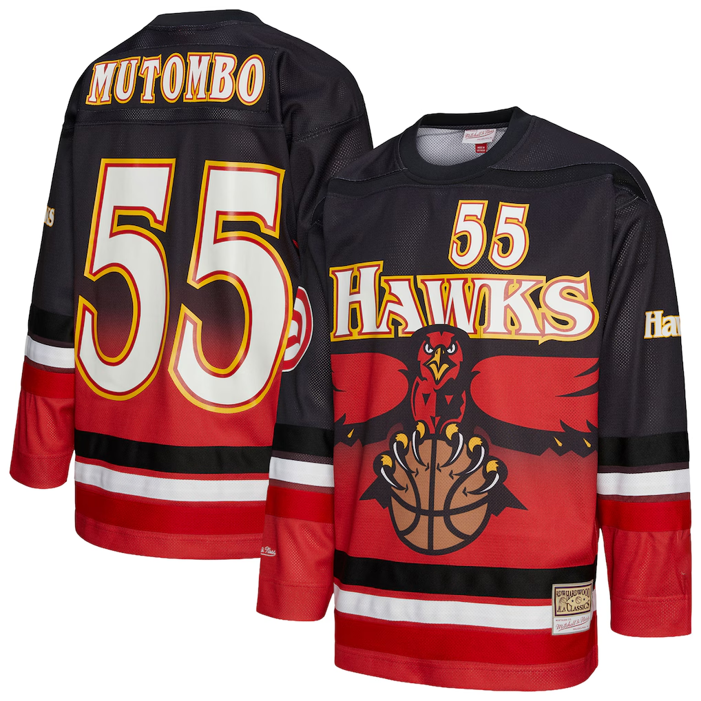 harde A.Hawks #55 Dikembe Mutombo Mitchell & Ness Red Maxxed Out Fashion Hockey Jerseys