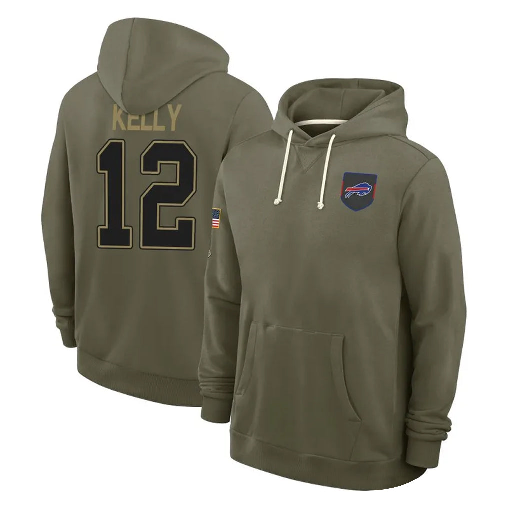 harde B.Bills #12 Jim Kelly Player Olive Salute to Service Hoodies Stitched Jerseys