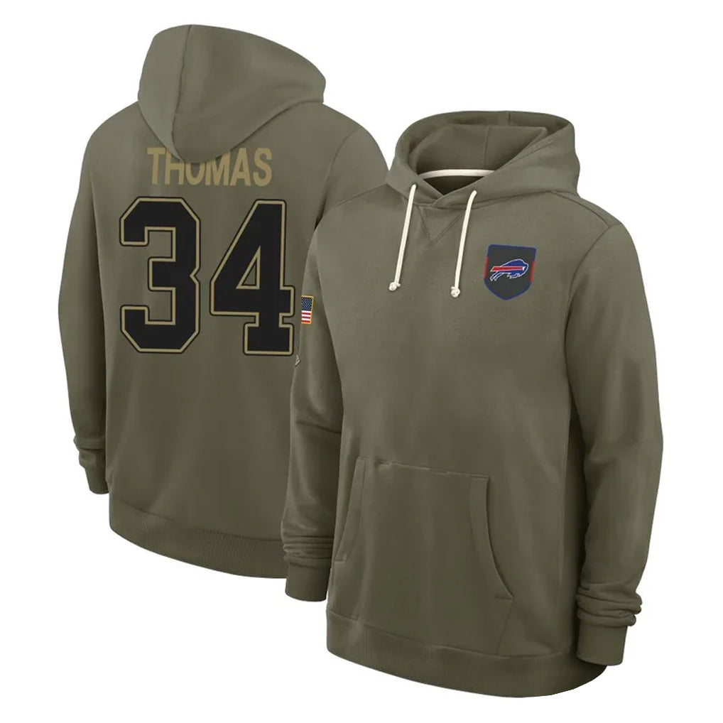harde B.Bills #34 Thurman Thomas Player Olive Salute to Service Hoodies Stitched Jerseys