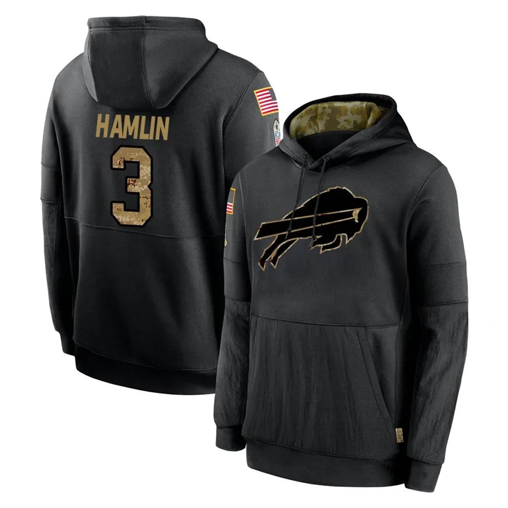 harde B.Bills #3 Damar Hamlin Player Black Salute to Service Hoodies Stitched Jersey
