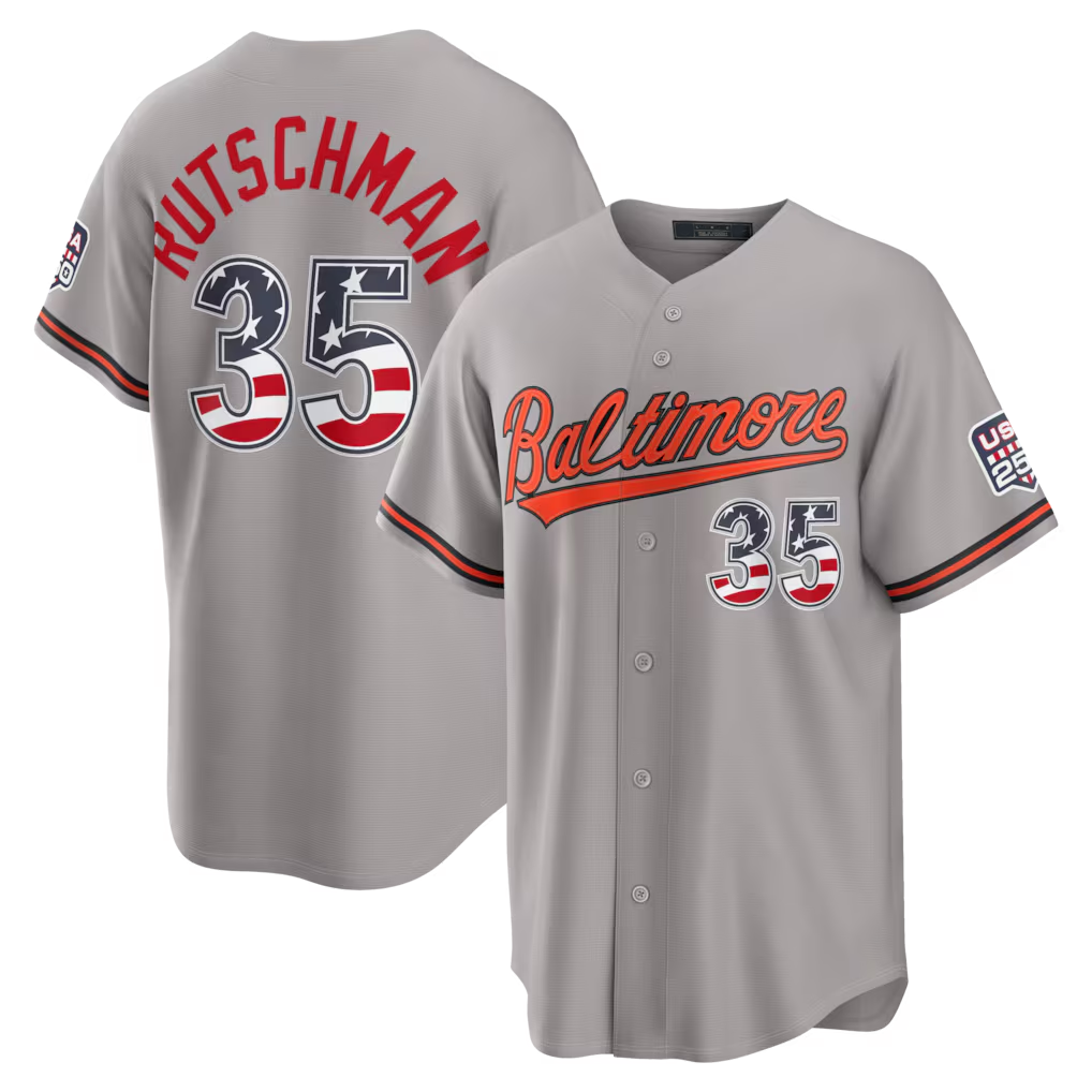 harde B.Orioles #35 Adley Rutschman Gray USA 250 Fourth of July Road Stadium Jersey