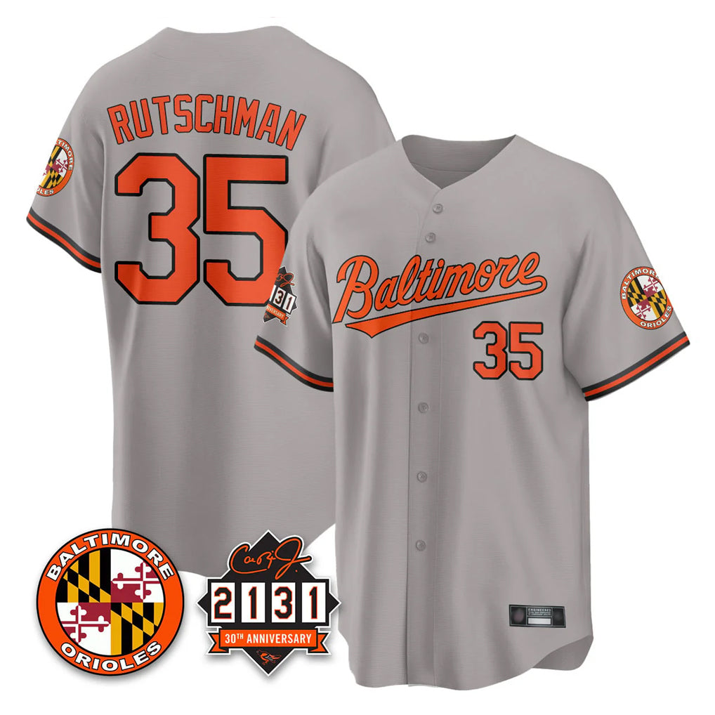 harde B.Orioles #35 Adley Rutschman Player Gray 30th Anniversary of 2131 Home Game Stitched Jerseys