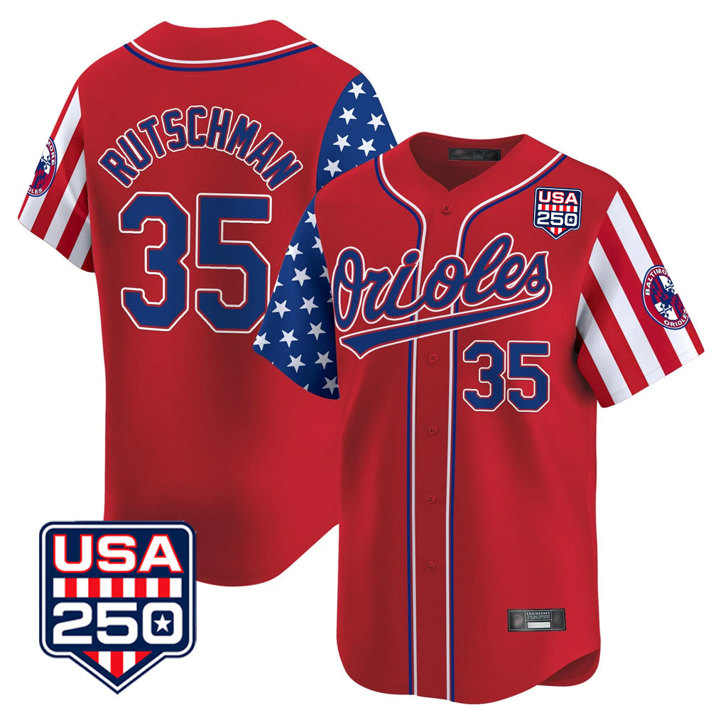 harde B.Orioles #35 Adley Rutschman Red USA 250 Independence Day Vapor Premier Limited Home Game Stitched Jerseys