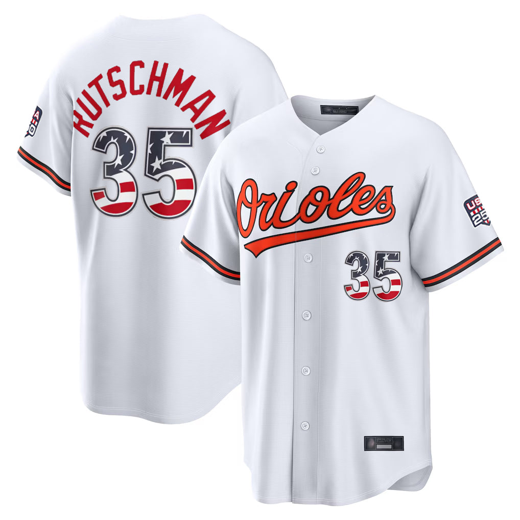 harde B.Orioles #35 Adley Rutschman Player White USA 250 Fourth of July Home Game Stitched Jerseys