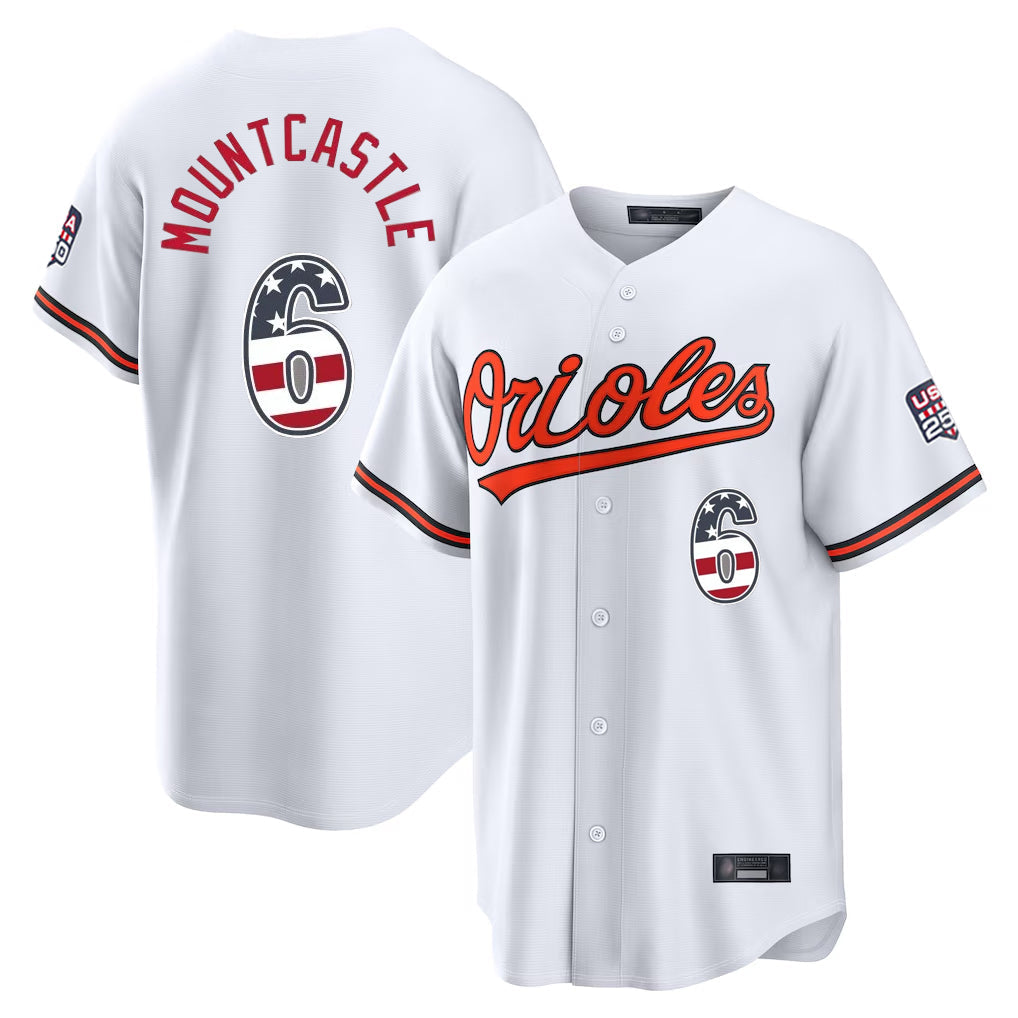 harde B.Orioles #6 Ryan Mountcastle Player White USA 250 Fourth of July Home Game Stitched Jerseys