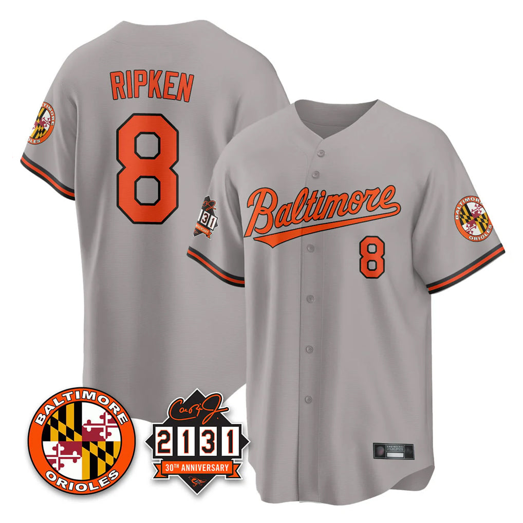 harde B.Orioles #8 Cal Ripken Player Gray 30th Anniversary of 2131 Home Game Stitched Jerseys