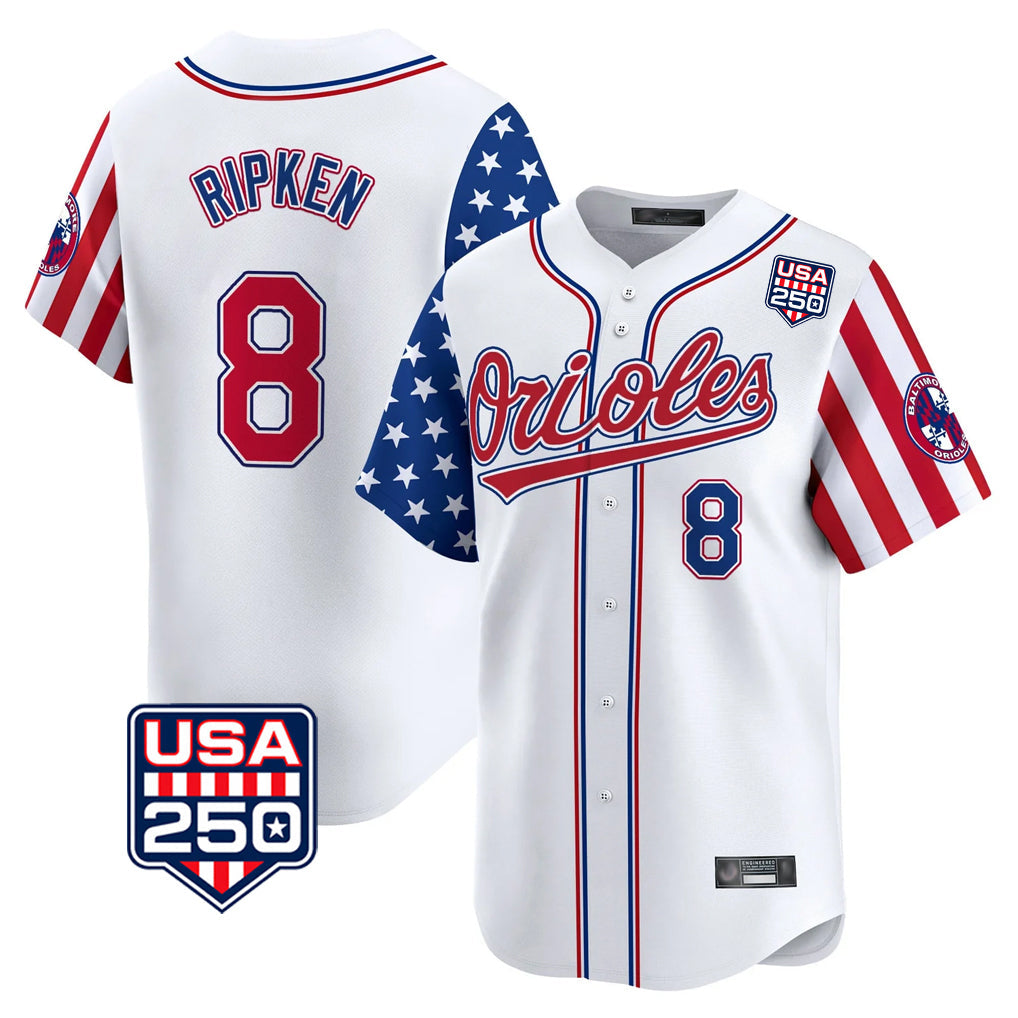 harde B.Orioles #8 Cal Ripken Player White USA 250 Independence Day Vapor Premier Home Game Stitched Jerseys