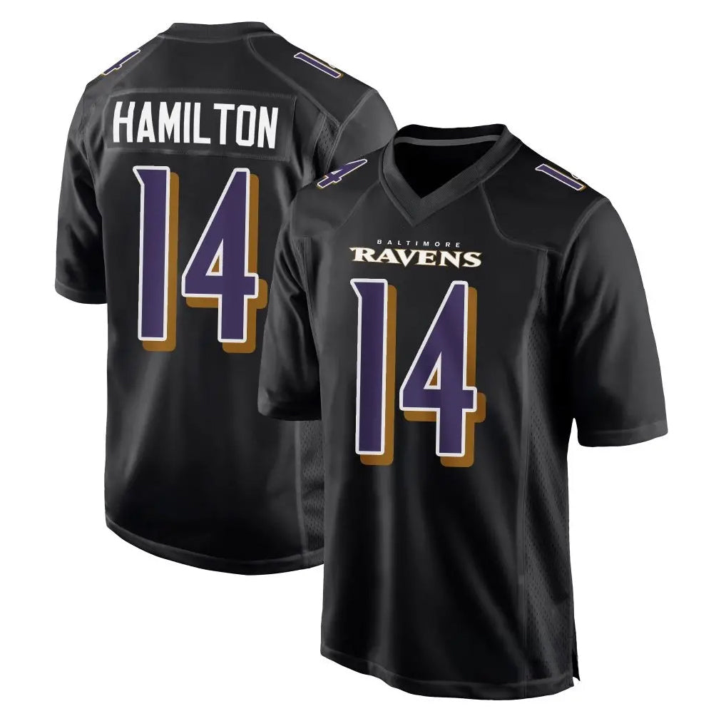 harde B.Ravens #14 Kyle Hamilton Player Black Carbon Fashion Game Home Stitched Jerseys