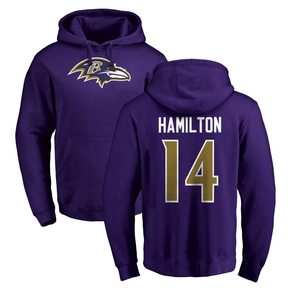 harde B.Ravens #14 Kyle Hamilton Player Purple Salute to Service Pullover Hoodie Stitched Jerseys