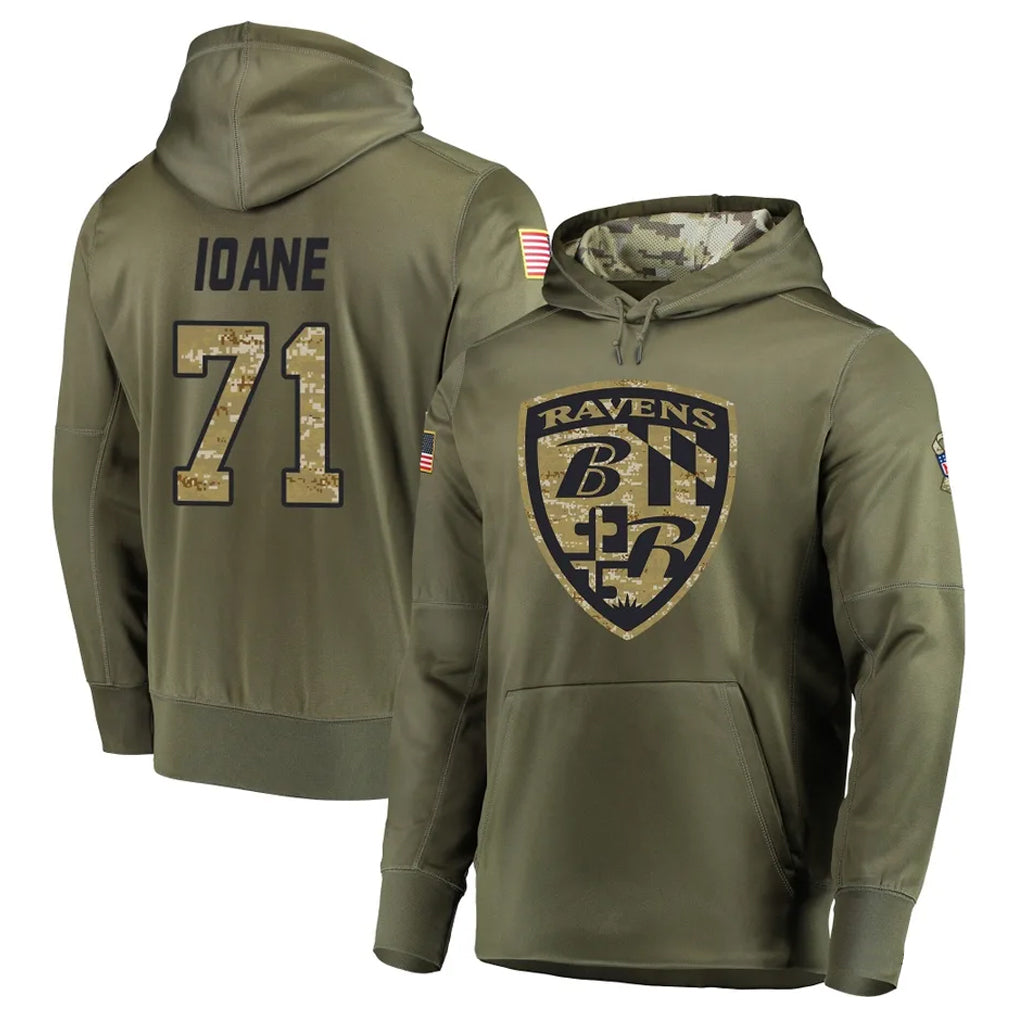 harde B.Ravens #71 Olaivavega Ioane Player Olive Salute to Service Pullover Hoodie Stitched Jerseys