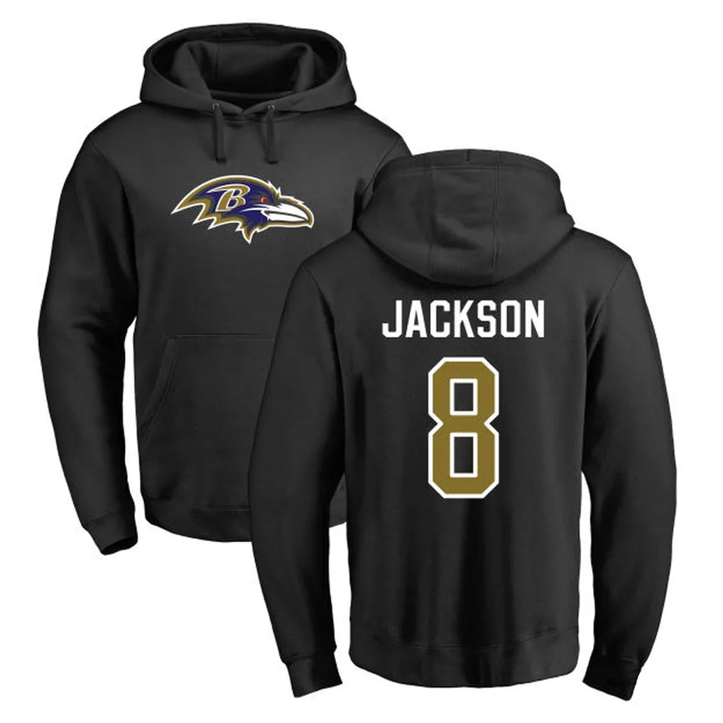 harde B.Ravens #8 Lamar Jackson Player Black Pullover Hoodie Stitched Jerseys