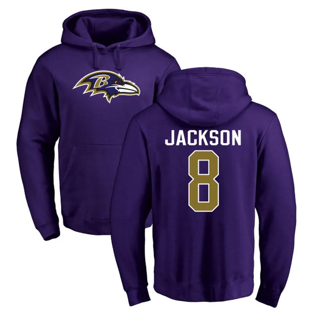 harde B.Ravens #8 Lamar Jackson Player Purple Salute to Service Pullover Hoodie Stitched Jerseys