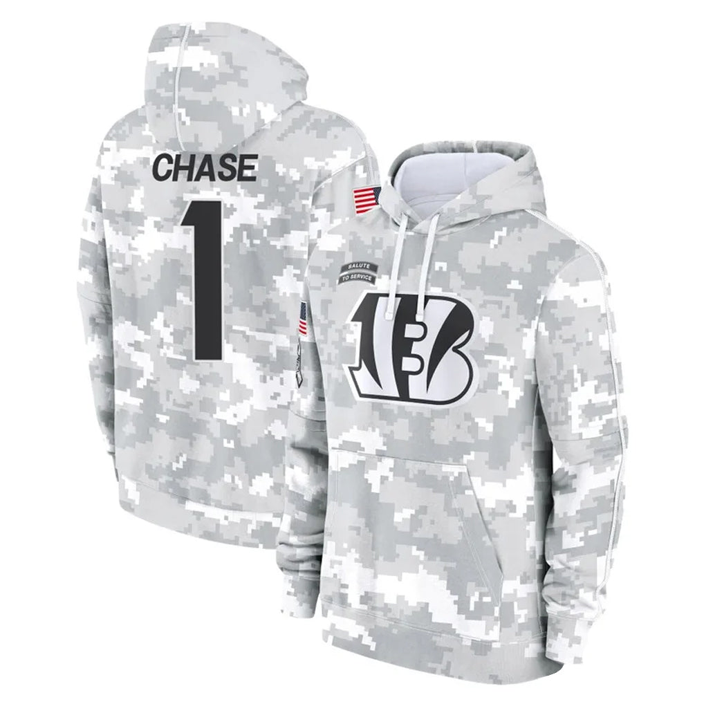 harde C.Bengals #1 Ja'Marr Chase Player Arctic Camo Salute to Service Pullover Hoodie Limited Stitched Jerseys