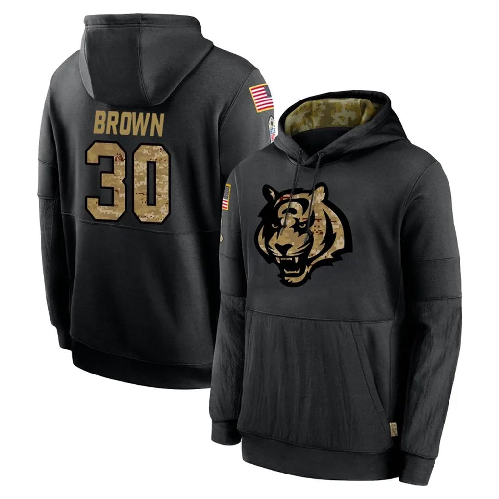harde C.Bengals #30 Chase Brown Player Black Salute to Service Pullover Hoodies Limited Stitched Jerseys