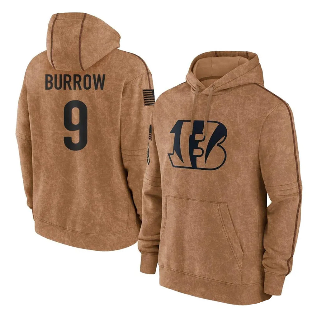 harde C.Bengals #9 Joe Burrow Player Brown Salute to Service Pullover Hoodie Limited Stitched Jerseys