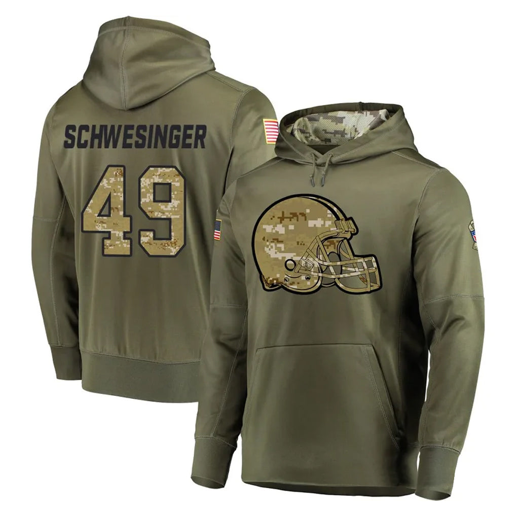 harde C.Browns #49 Carson Schwesinger Player Olive Salute to Service Pullover Hoodies Home Game Stitched Jerseys