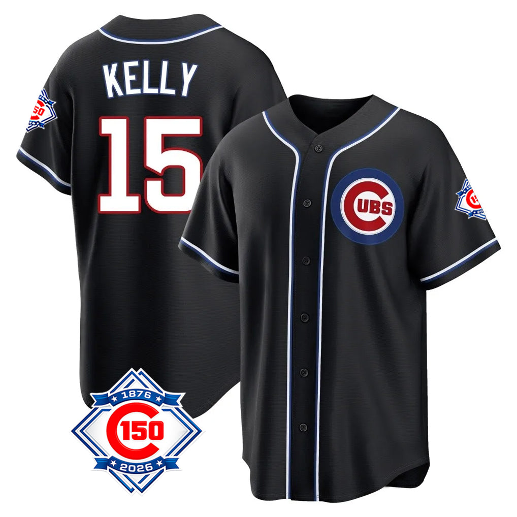 harde C.Cubs #15 Carson Kelly Player Black Fashion Out 150th Anniversary Game Stitched Jerseys