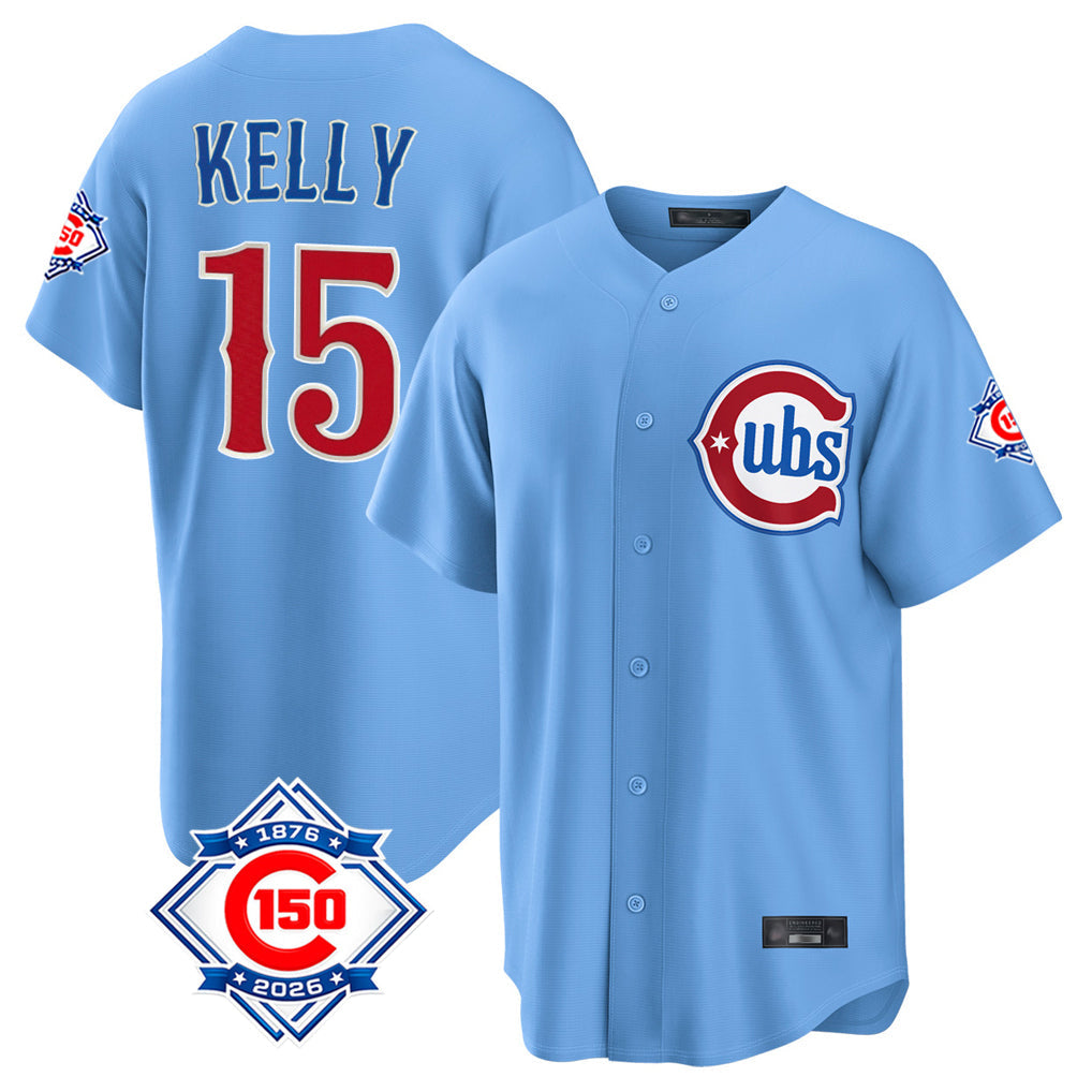 harde C.Cubs #15 Carson Kelly Player Light Blue 150th Anniversary Home Game Stitched Jerseys