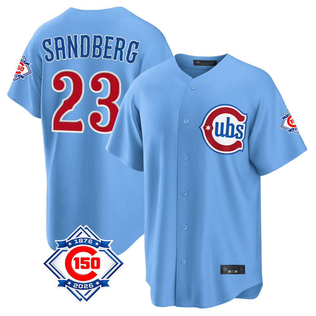 harde C.Cubs #23 Ryne Sandberg Player Light Blue 150th Anniversary Home Game Stitched Jerseys