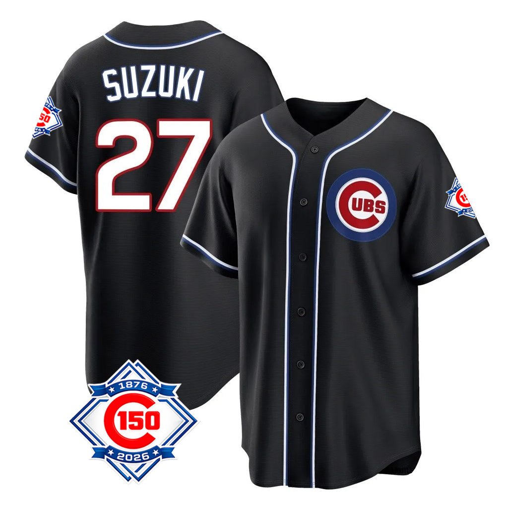 harde C.Cubs #27 Seiya Suzuki Player Black Fashion Out 150th Anniversary Game Stitched Jerseys