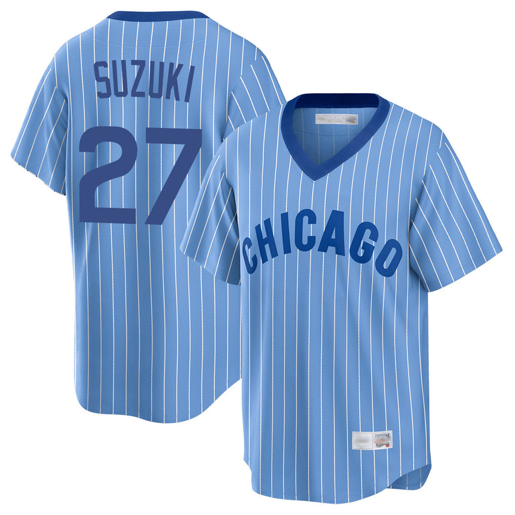 harde C.Cubs #27 Seiya Suzuki Player Blue T-shirt Cooperstown Collection Limited Stitched Jerseys