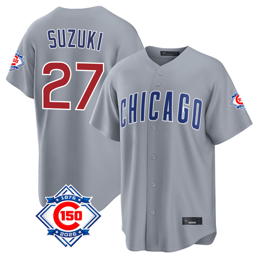 harde C.Cubs #27 Seiya Suzuki Player Gray 150th Anniversary Home Game Stitched Jerseys