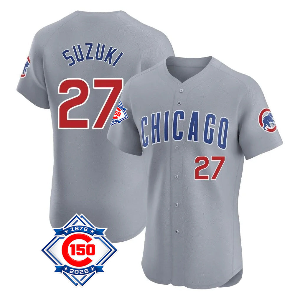harde C.Cubs #27 Seiya Suzuki Player Gray Road 150th Anniversary Limited Elite Home Stitched Jerseys