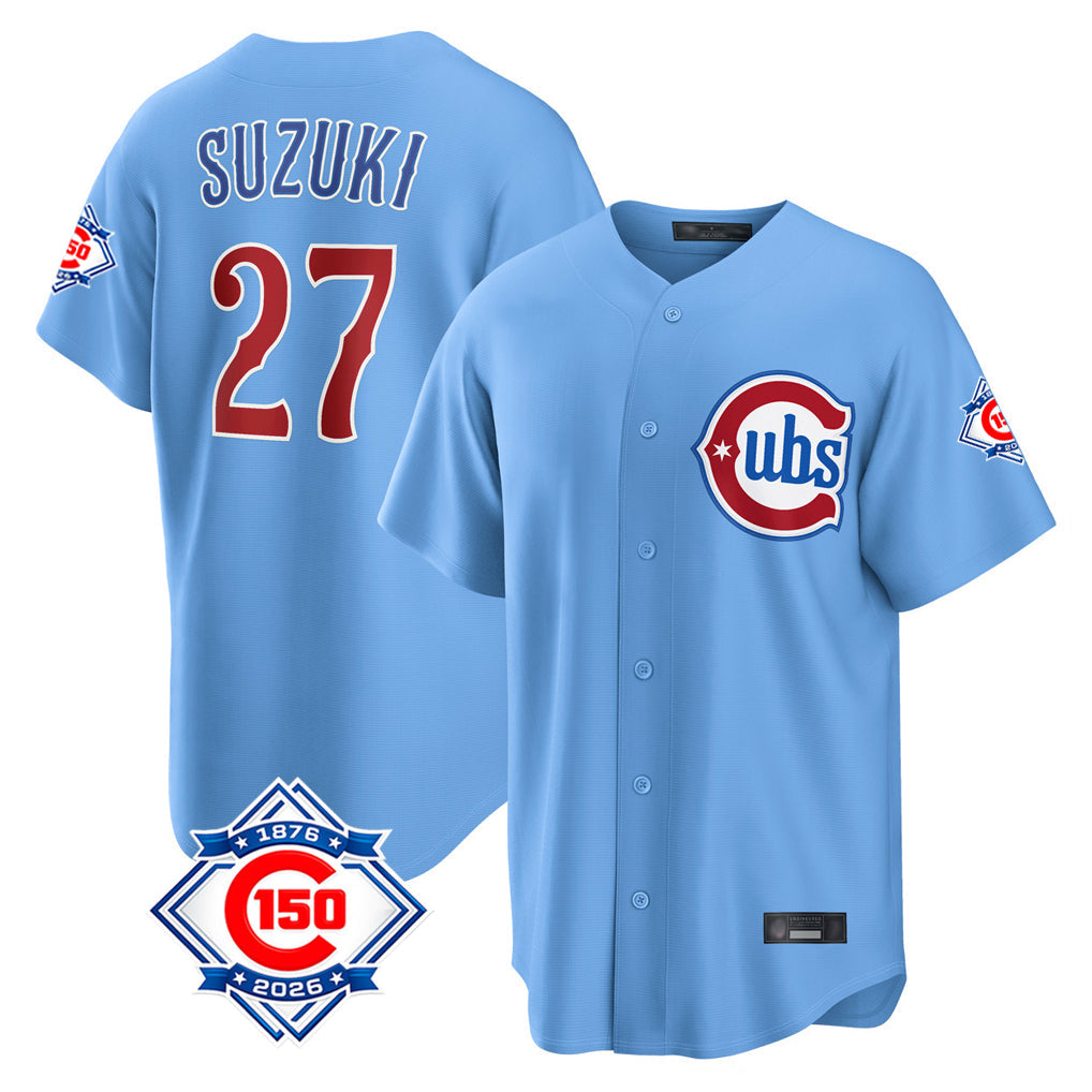 harde C.Cubs #27 Seiya Suzuki Player Light Blue 150th Anniversary Home Game Stitched Jerseys