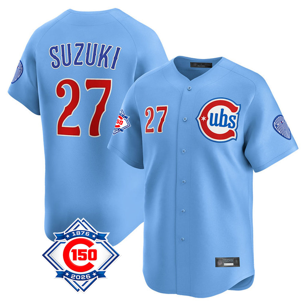 harde C.Cubs #27 Seiya Suzuki Player Light Blue 150th Anniversary Limited Home Stitched Jerseys