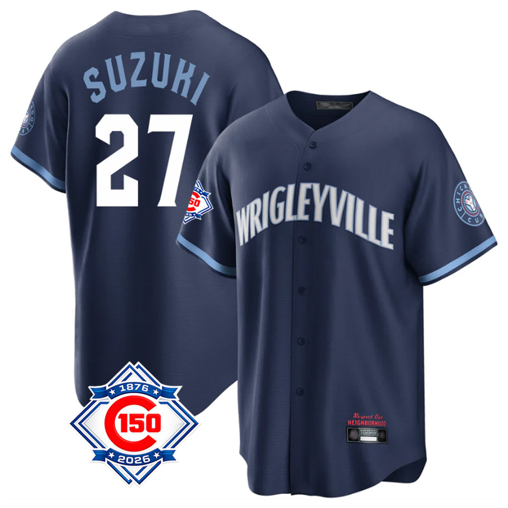 harde C.Cubs #27 Seiya Suzuki Player Navy 150th Anniversary City Connect Home Game Stitched Jerseys