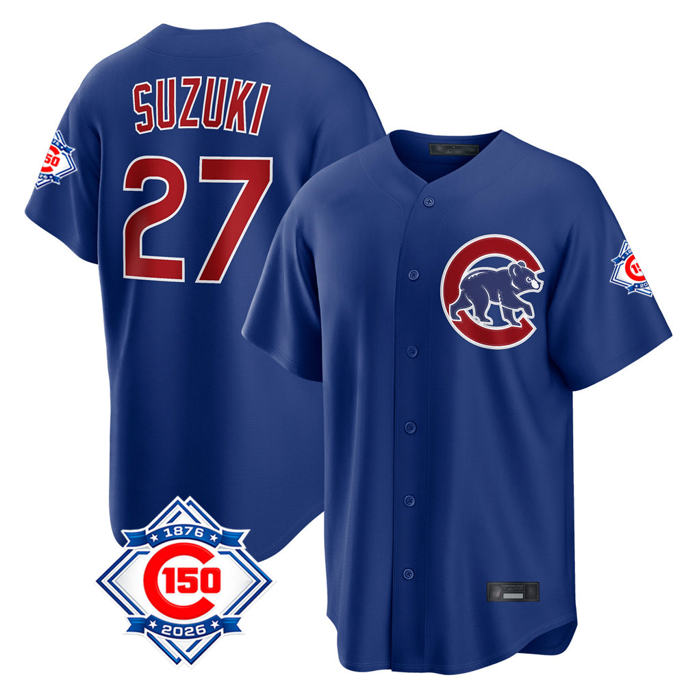 harde C.Cubs #27 Seiya Suzuki Player Royal 150th Anniversary Home Game Stitched Jerseys