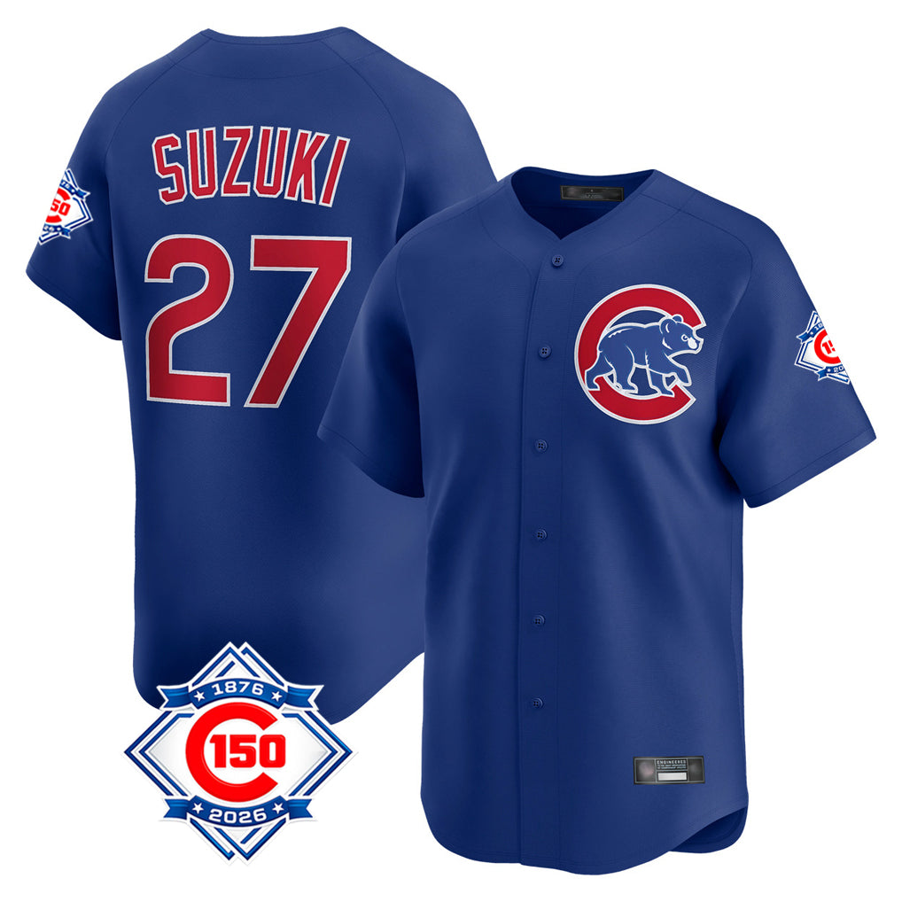 harde C.Cubs #27 Seiya Suzuki Player Royal 150th Anniversary Limited Home Stitched Jerseys