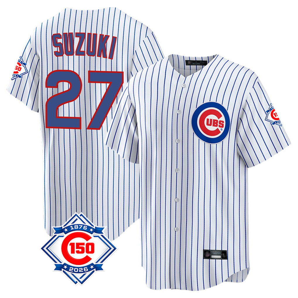 harde C.Cubs #27 Seiya Suzuki Player White 150th Anniversary Home Game Stitched Jerseys