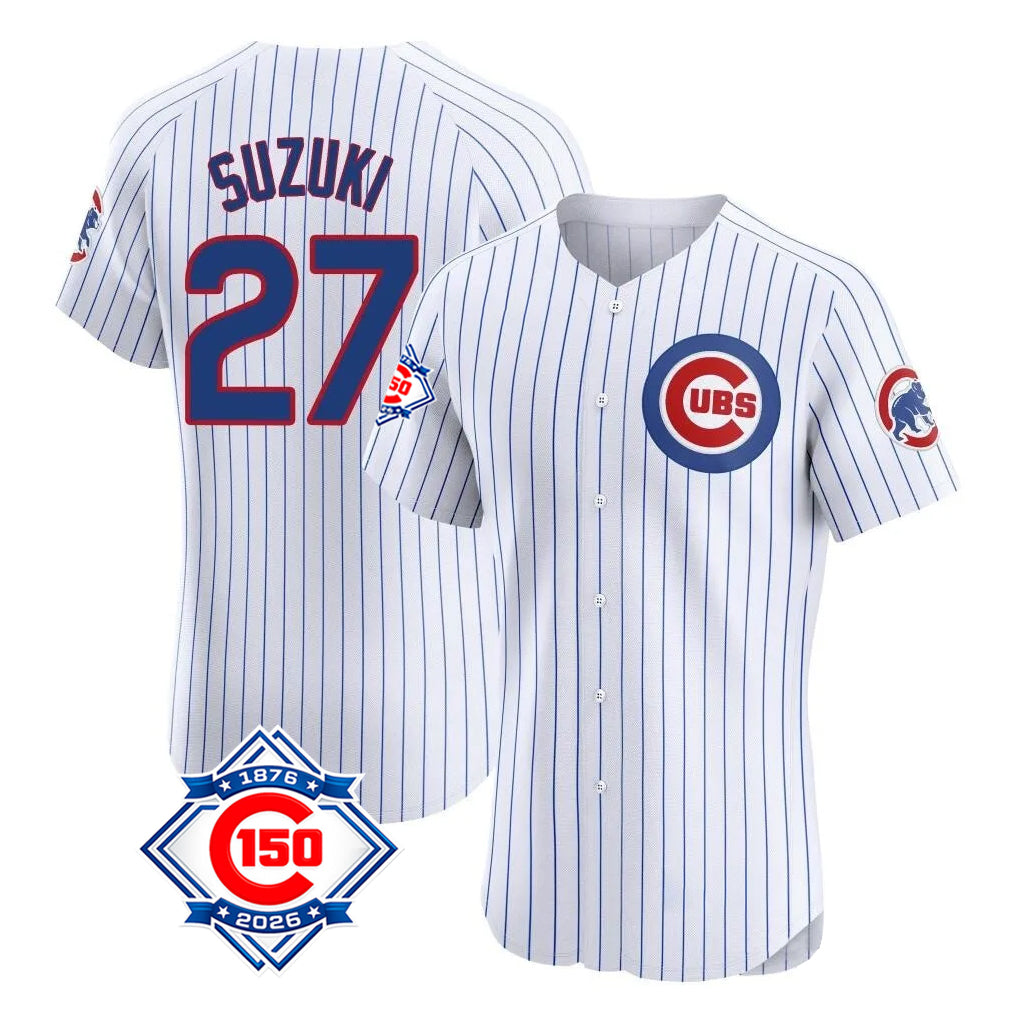 harde C.Cubs #27 Seiya Suzuki Player White 150th Anniversary Limited Elite Home Game Stitched Jerseys