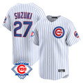 harde C.Cubs #27 Seiya Suzuki Player White 150th Anniversary Limited Home Game Stitched Jerseys