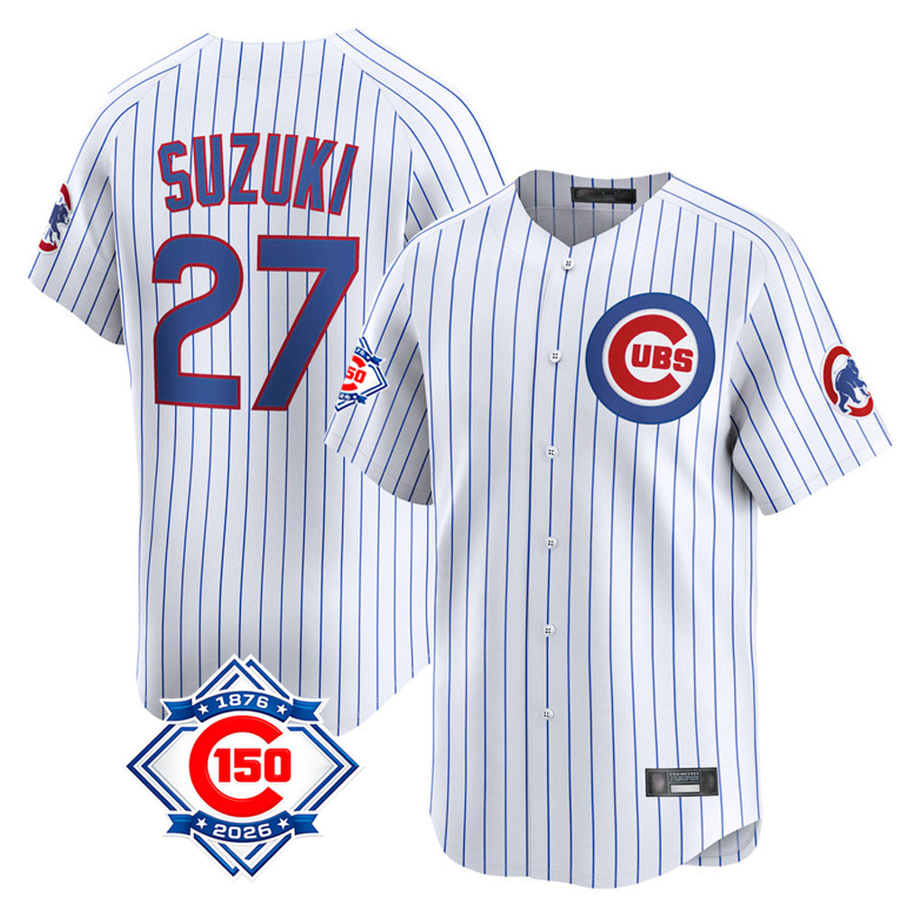 harde C.Cubs #27 Seiya Suzuki Player White 150th Anniversary Limited Home Game Stitched Jerseys