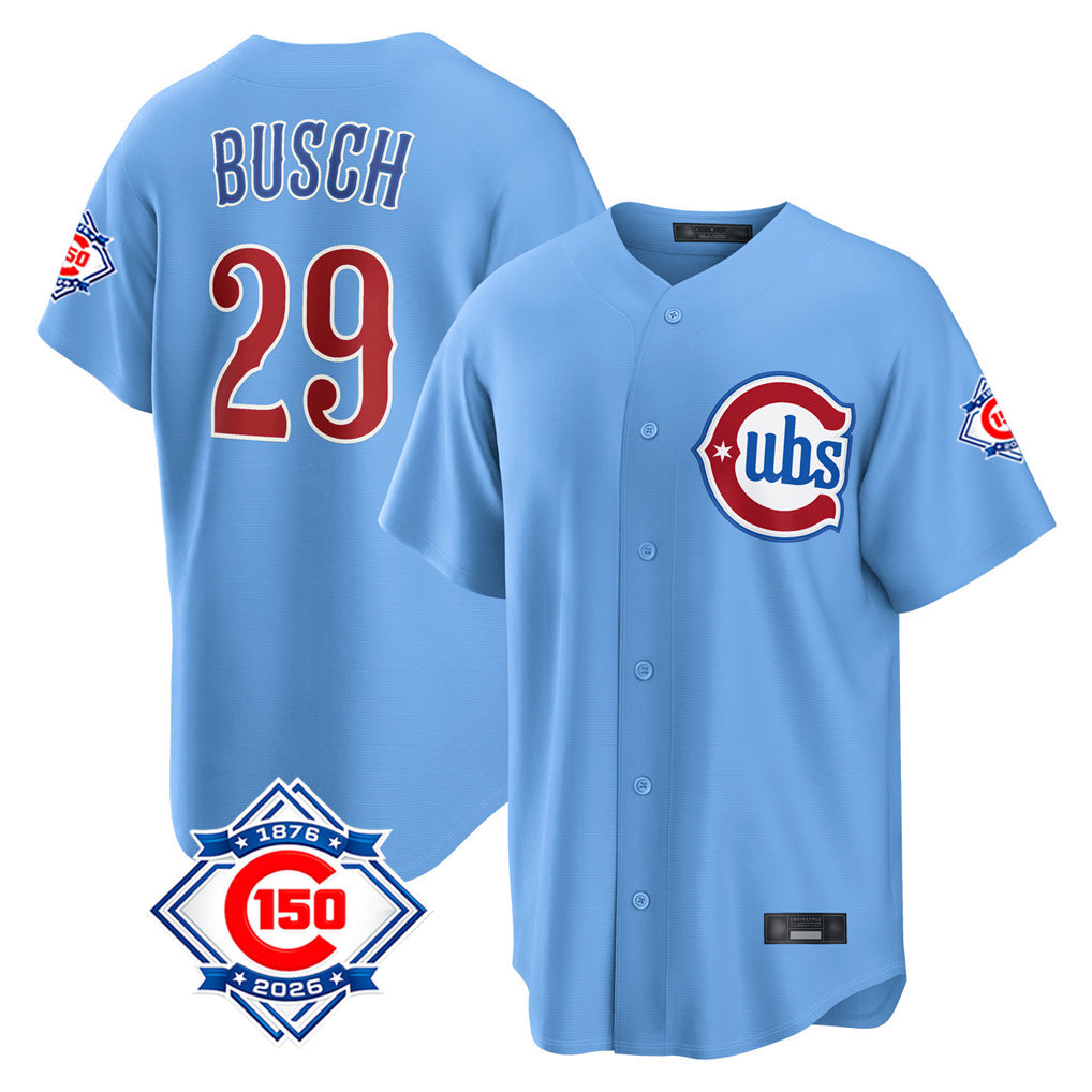 harde C.Cubs #29 Michael Busch Player Light Blue 150th Anniversary Home Game Stitched Jerseys