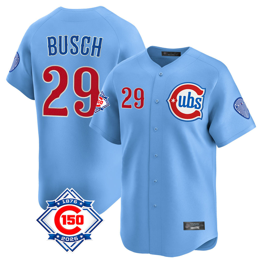harde C.Cubs #29 Michael Busch Player Light Blue 150th Anniversary Limited Home Stitched Jerseys
