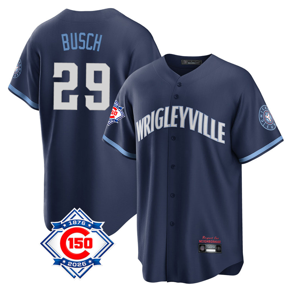 harde C.Cubs #29 Michael Busch Player Navy 150th Anniversary City Connect Home Game Stitched Jerseys
