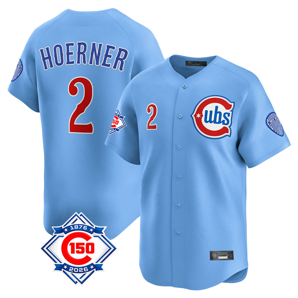 harde C.Cubs #2 Nico Hoerner Player Light Blue 150th Anniversary Limited Home Stitched Jerseys