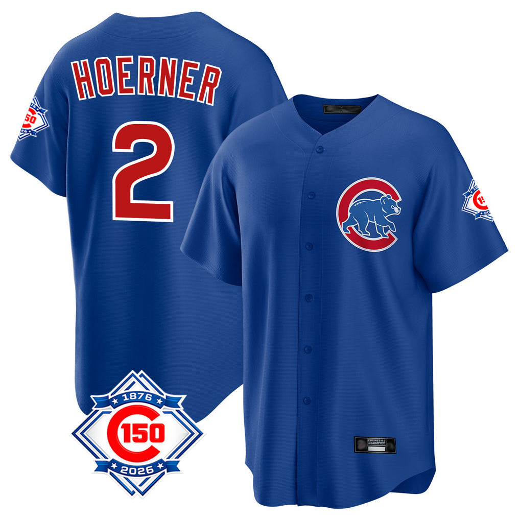 harde C.Cubs #2 Nico Hoerner Player Royal 150th Anniversary Home Game Stitched Jerseys