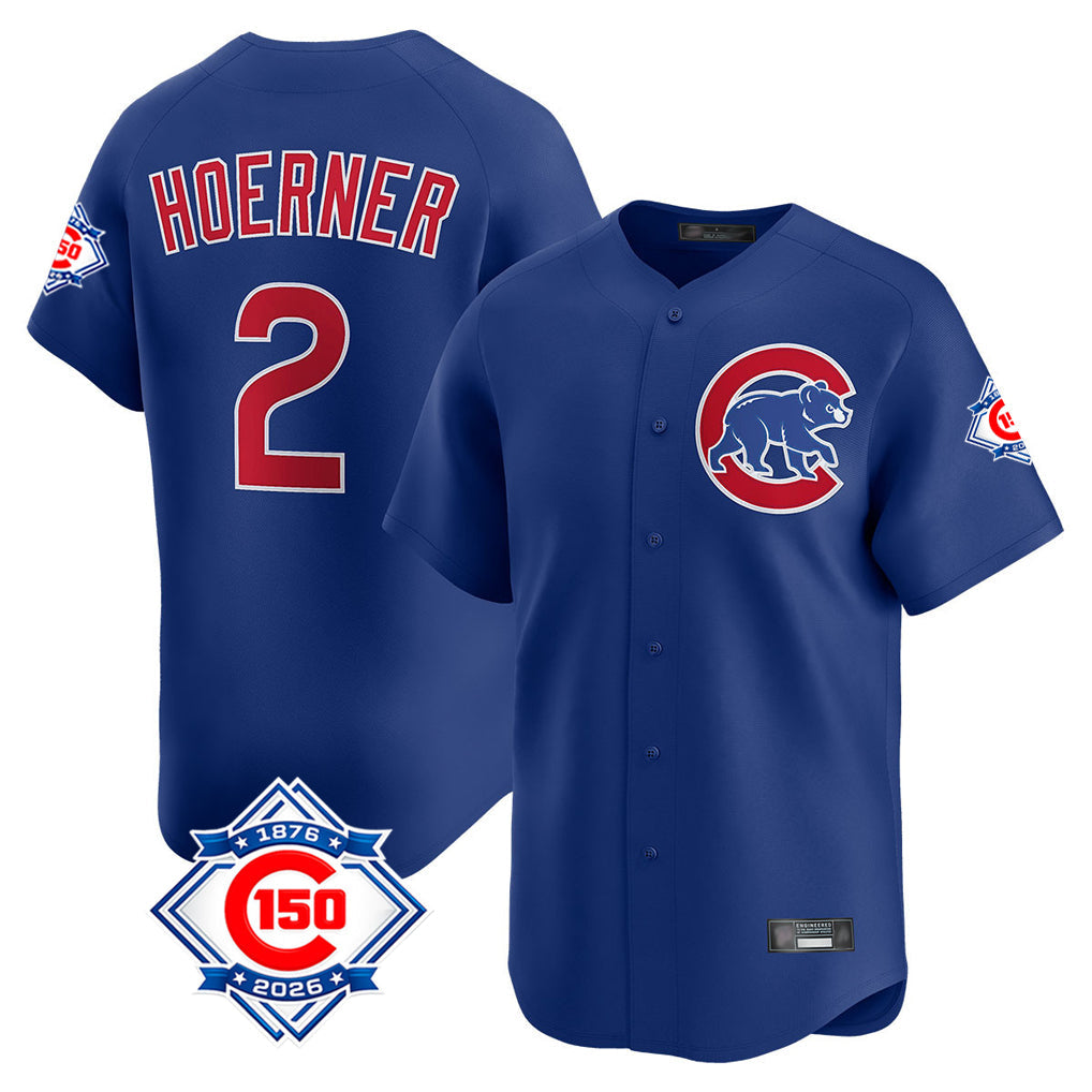 harde C.Cubs #2 Nico Hoerner Player Royal 150th Anniversary Limited Home Stitched Jerseys