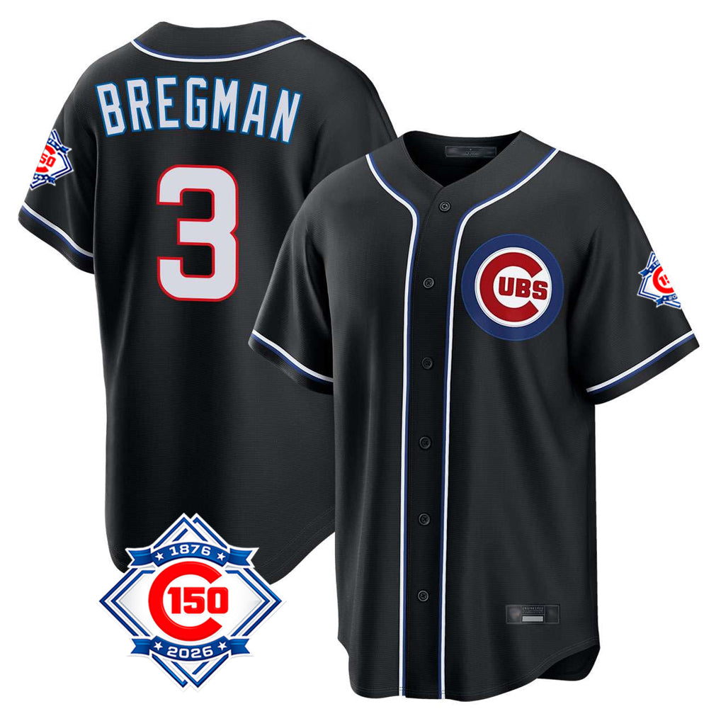 harde C.Cubs #3 Alex Bregman Black Fashion Out 150th Anniversary Game Stitched Jerseys